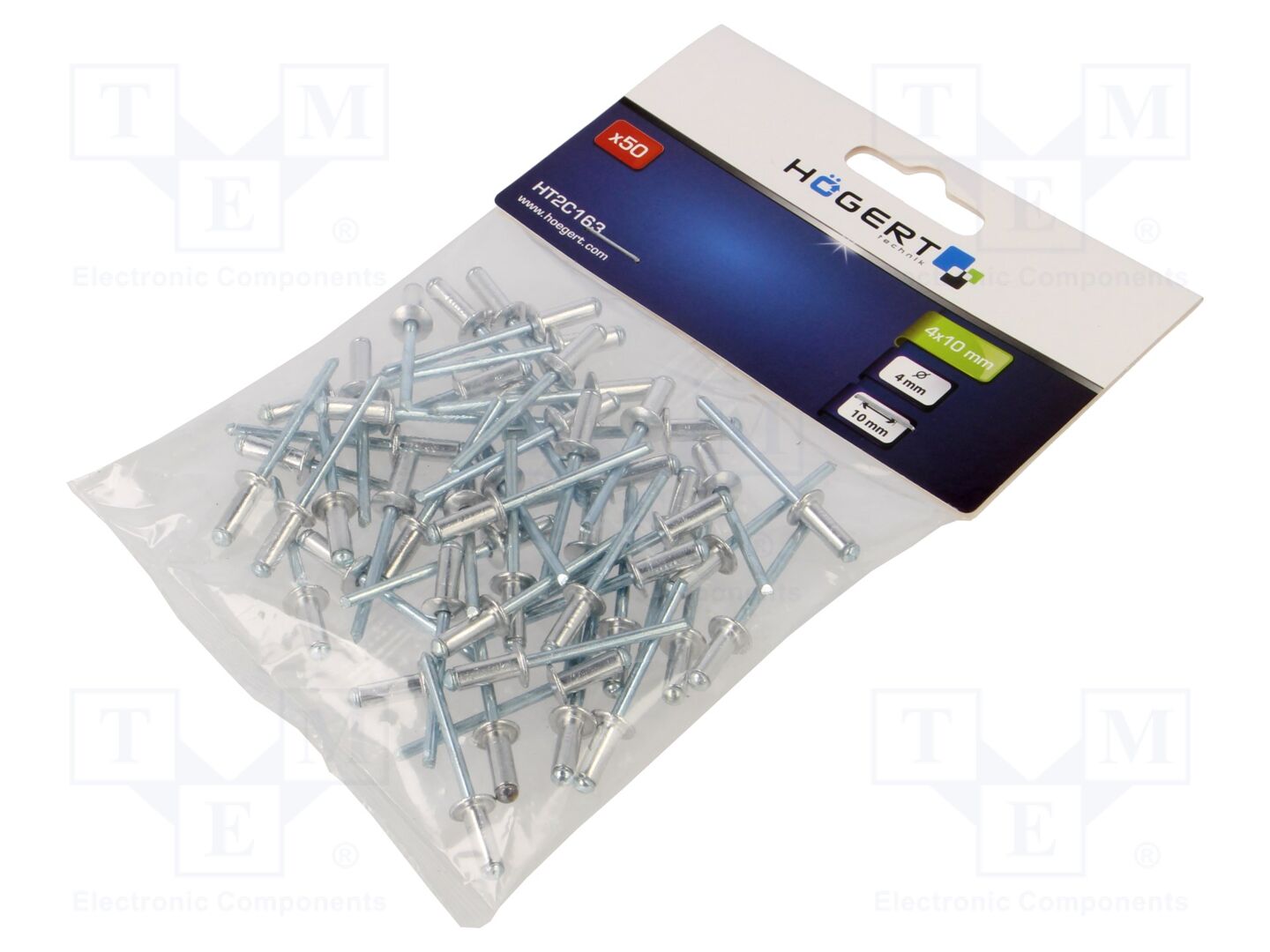 Rebite; alumínio; Dia.do rebite: 4mm; Com.do rebite: 10mm; 50unid.