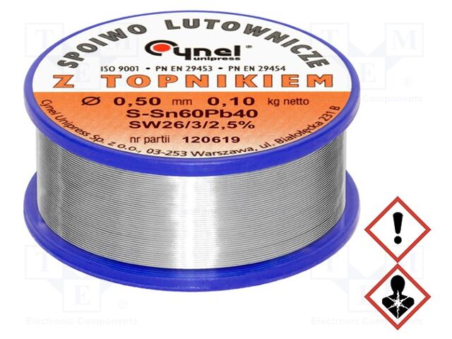 Estanho; com chumbo; Sn60Pb40; 0,5mm; 100g; bobina; 190°C; 2,5%