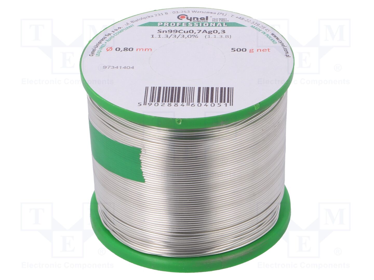 Estanho; sem chumbo; Sn99Cu0,7Ag0,3; 0,8mm; 500g; bobina; 3%