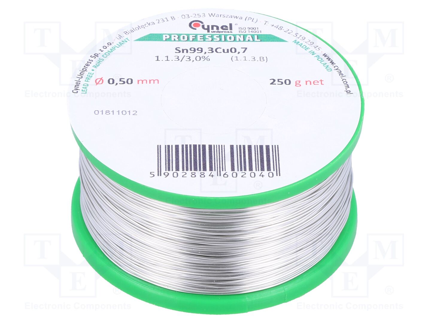 Estanho; sem chumbo; Sn99,3Cu0,7; 0,5mm; 250g; bobina; 227°C; 3%