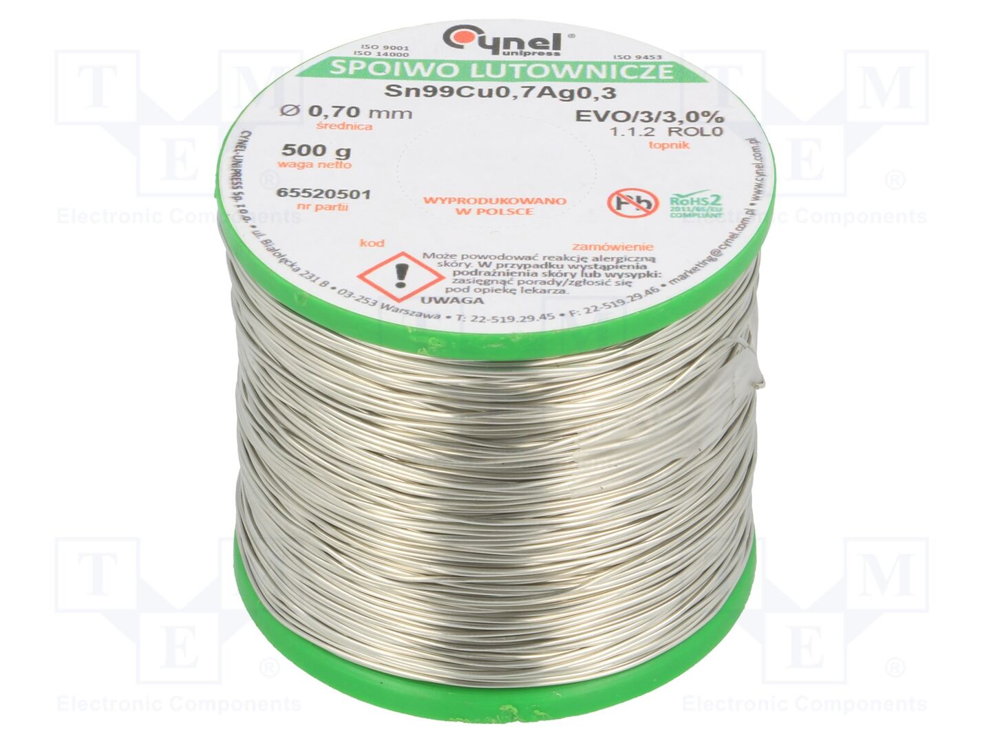 Estanho; sem chumbo; Sn99Cu0,7Ag0,3; 700um; 500g; bobina; 3%