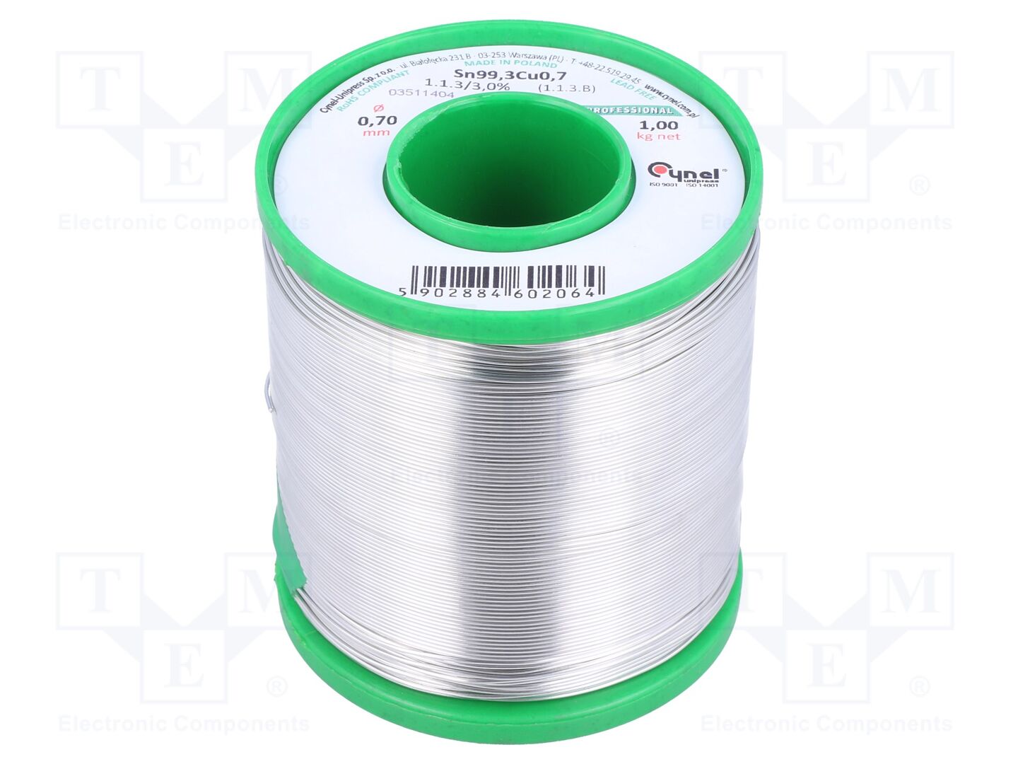 Estanho; sem chumbo; Sn99,3Cu0,7; 0,7mm; 1kg; bobina; 227°C; 3%