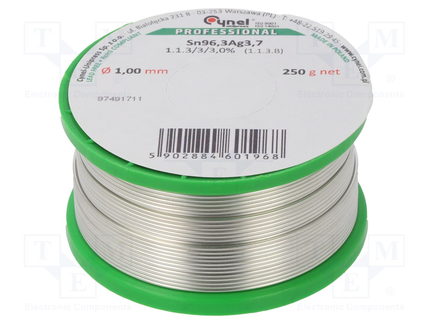 Estanho; sem chumbo; Sn96,3Ag3,7; 1mm; 250g; bobina; 3%