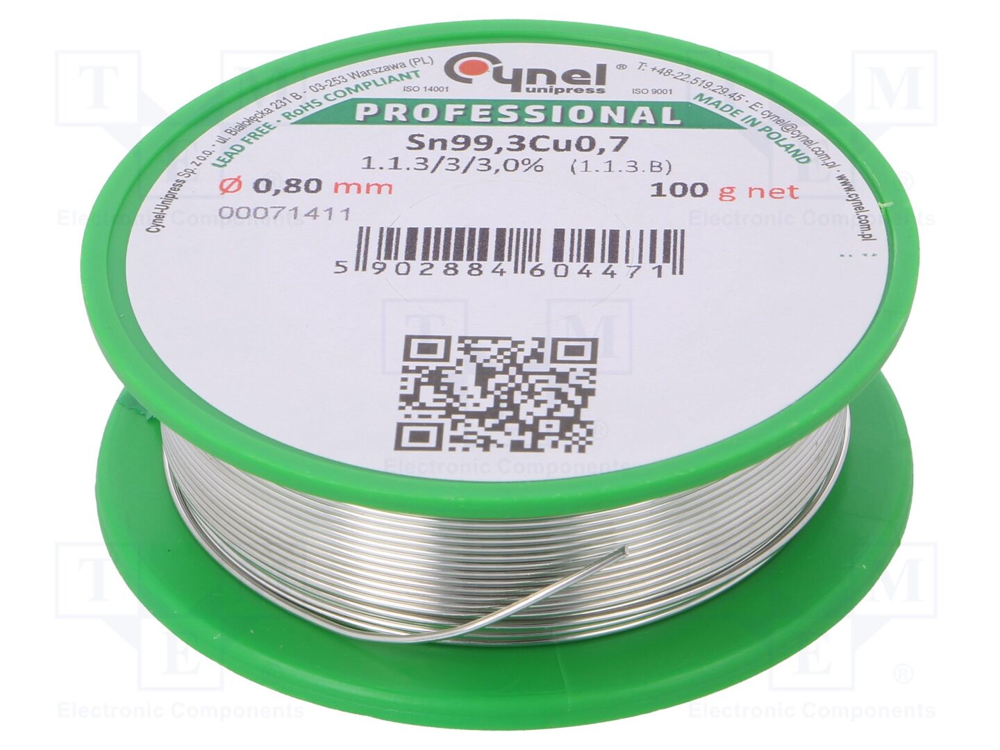 Estanho; sem chumbo; Sn99,3Cu0,7; 0,8mm; 100g; bobina; 227°C; 3%