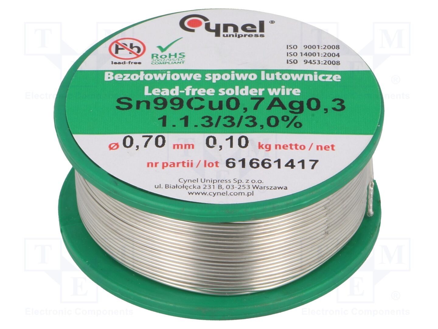 Estanho; sem chumbo; Sn99Cu0,7Ag0,3; 700um; 100g; bobina; 3%