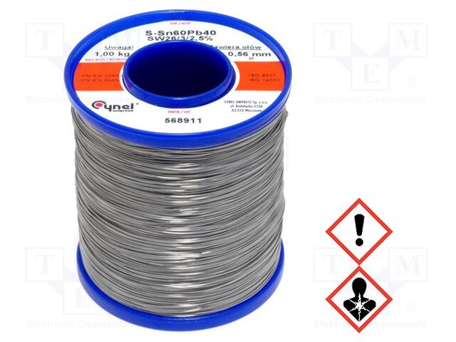 Estanho; com chumbo; Sn60Pb40; 0,56mm; 1000g; bobina; 190°C; 2,5%