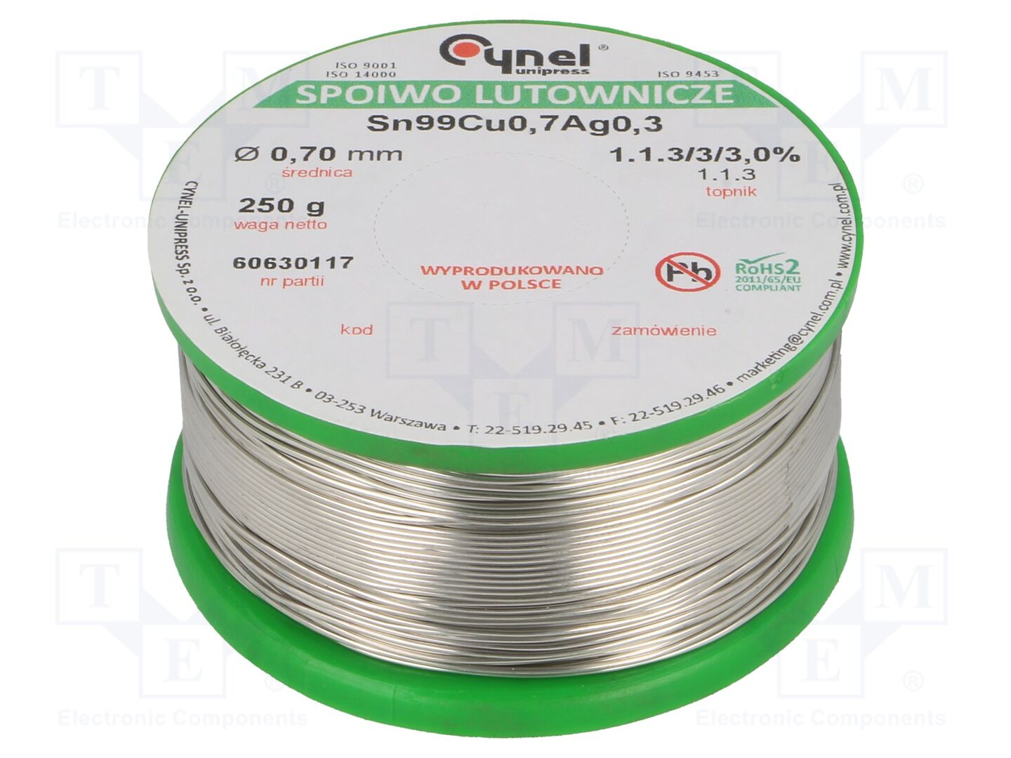 Estanho; sem chumbo; Sn99Cu0,7Ag0,3; 700um; 250g; bobina; 3%