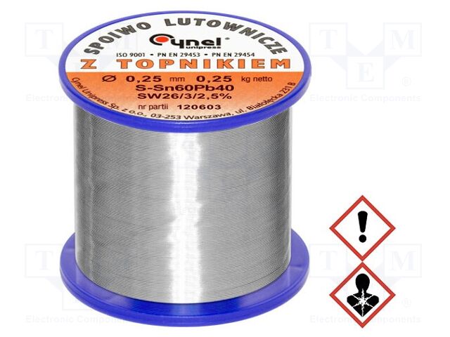 Estanho; com chumbo; Sn60Pb40; 0,25mm; 250g; bobina; 190°C; 2,5%
