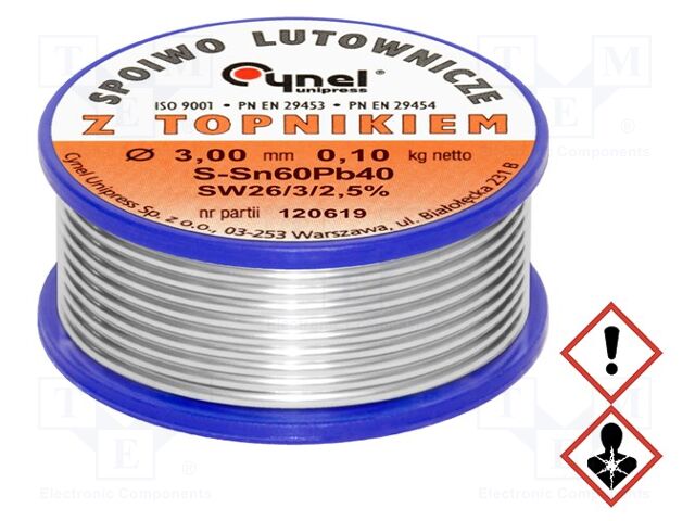 Estanho; com chumbo; Sn60Pb40; 3mm; 100g; bobina; 190°C; 2,5%