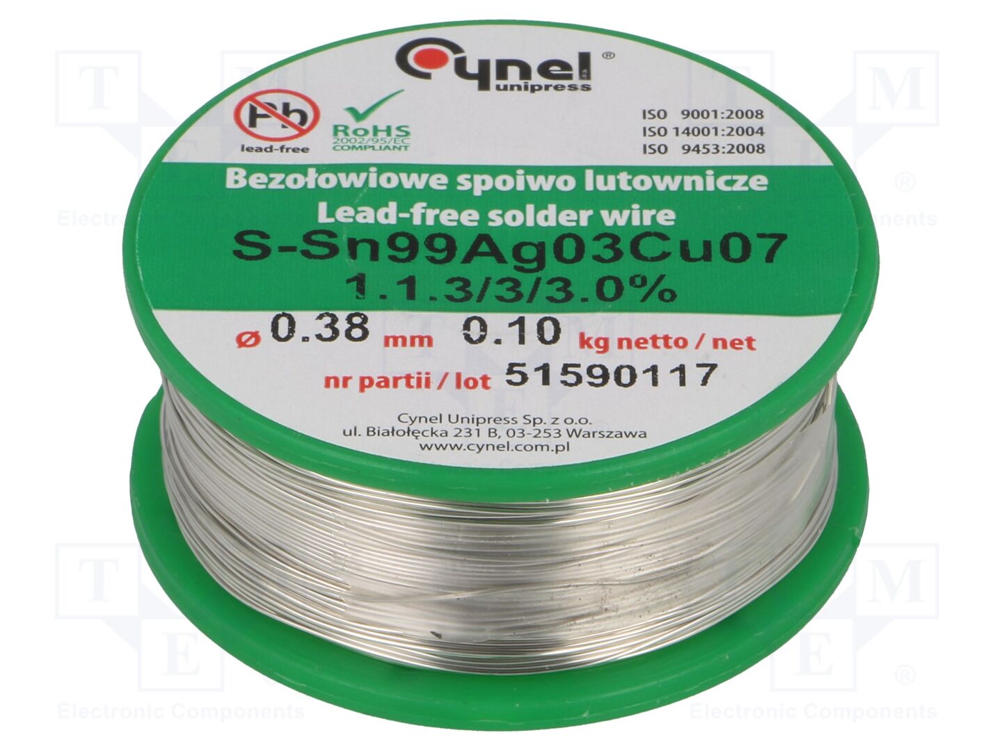 Estanho; sem chumbo; Sn99Cu0,7Ag0,3; 380um; 100g; bobina; 3%