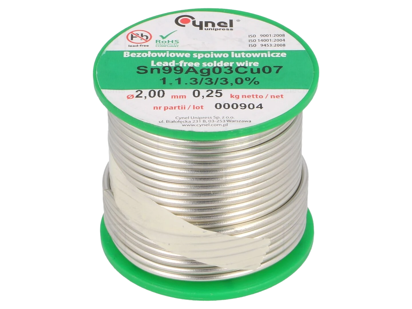 Estanho; sem chumbo; Sn99Cu0,7Ag0,3; 2mm; 250g; bobina; 216÷227°C