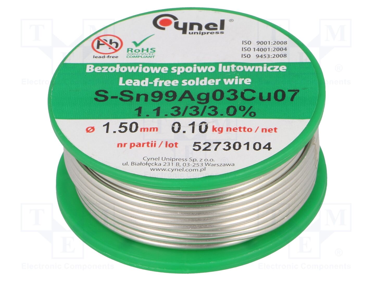 Estanho; sem chumbo; Sn99Cu0,7Ag0,3; 1,5mm; 100g; bobina; 3%