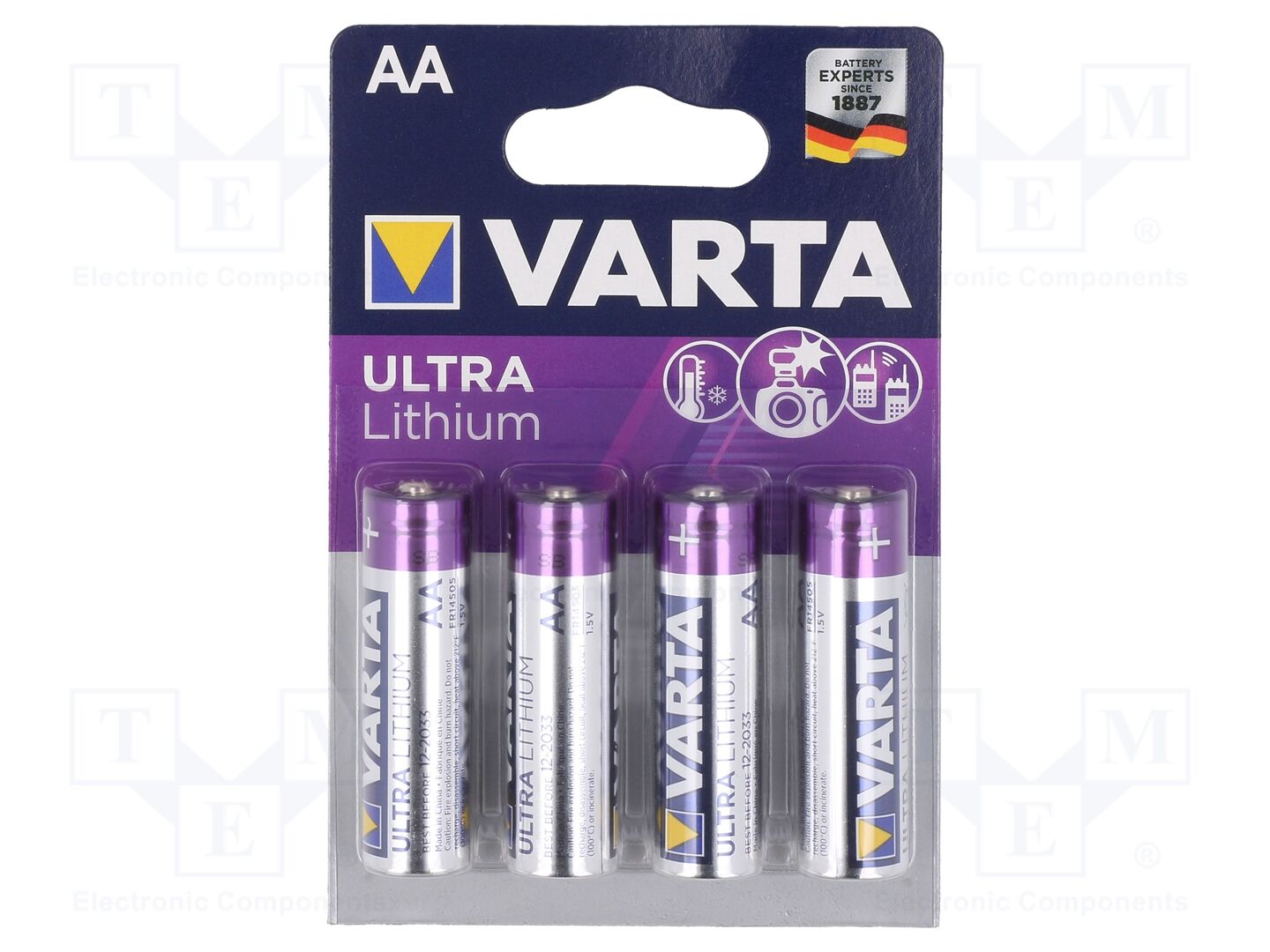 Bateria: lítio; AA; 1,5V; não recarregável; Ø14,5x50,5mm; 4unid.