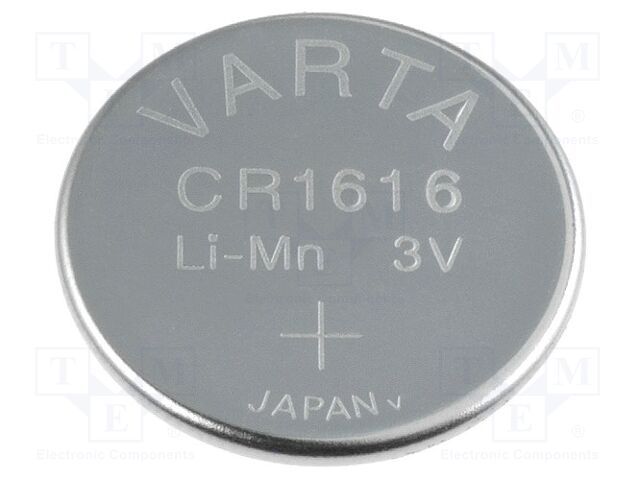 Bateria: lítio; CR1616,tipo botão; 3V; 55mAh; não recarregável