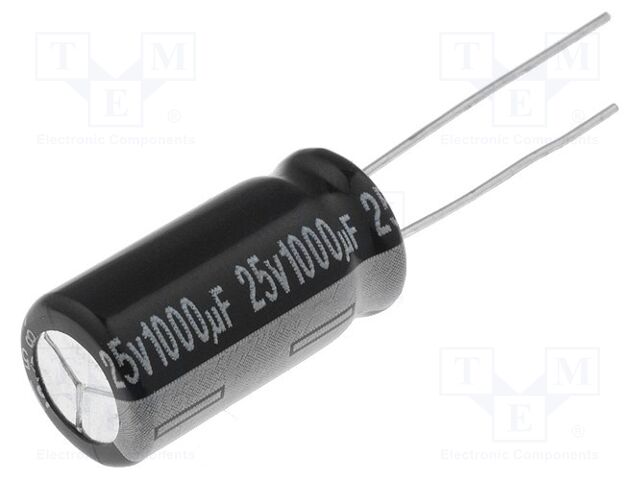 Condensador: eletrolíticos; THT; 1000uF; 25VDC; Ø10x20mm; ±10%