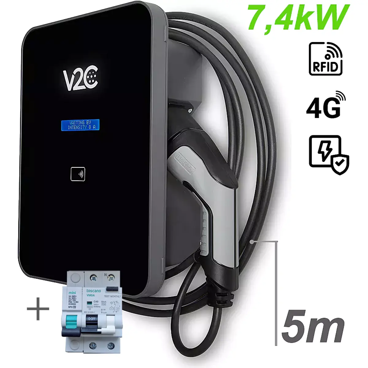 V2C TRYDAN PRO TRYPRO32-1-L5-PF - Carregador para carro elétrico (Wallbox) de 7,4kW monofásico c/ RFID + 4G + Cabo T2 5m + Proteção + Detetor Fugas DC