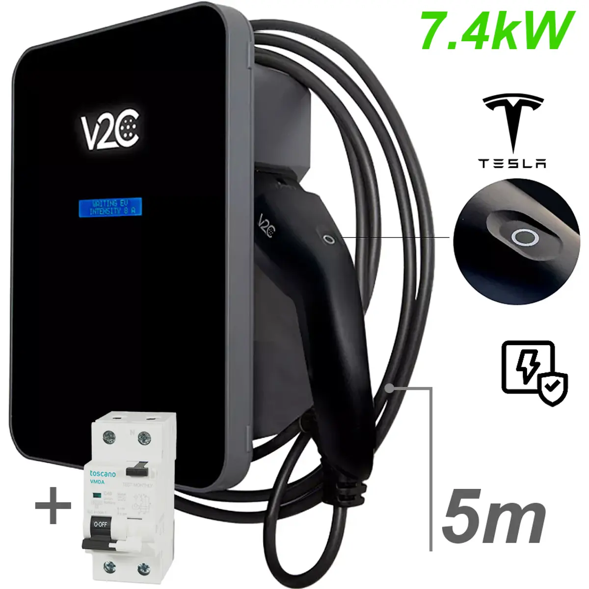 V2C TRY32-1-T5-PF - Carregador para carro elétrico (Wallbox) de 7,4kW monofásico – cabo T2 5m c/ botão Tesla + Proteção + Detetor Fugas DC