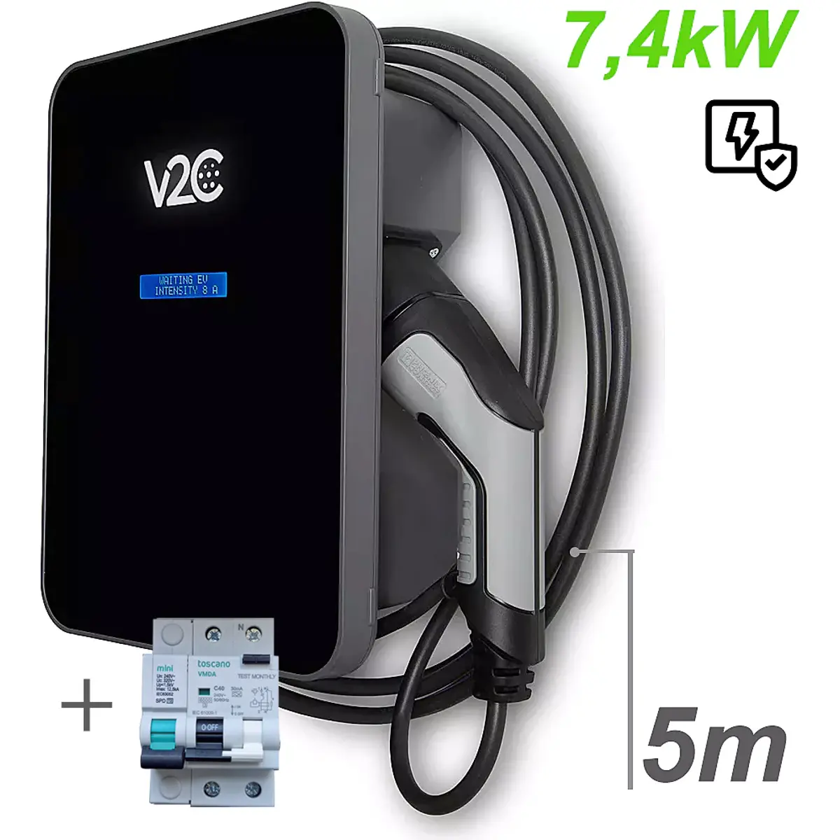 V2C TRYDAN TRY32-1-L5-PF - Carregador para carro elétrico (Wallbox) de 7,4kW monofásico c/ cabo T2 5m + Proteção + Detetor Fuga