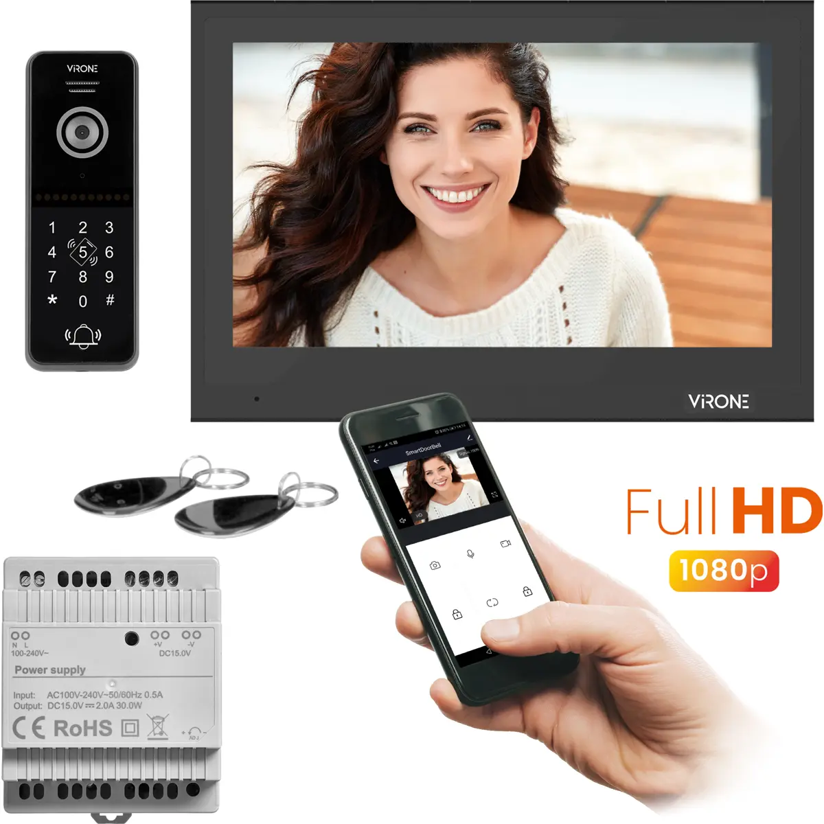Virone BESAR - Videoporteiro modular inteligente WiFi 1080p (compatível c/ Tuya) c/ monitor 10'' + leitor RFID