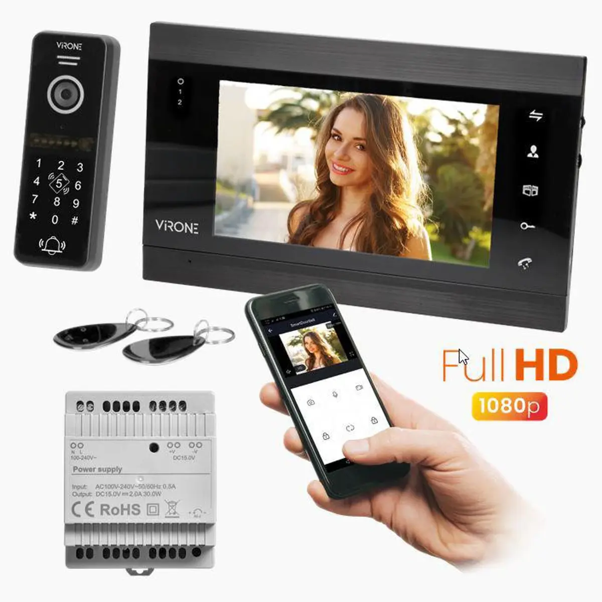 Virone VIFIS - Kit Videoporteiro modular inteligente WiFi 1024p (compatível c/ Tuya) c/ monitor 7'' - IP44 - Preto