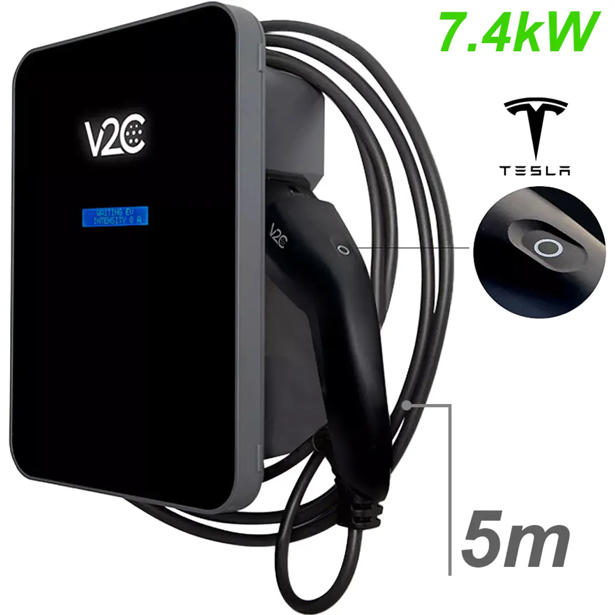V2C TRYDAN TRY32-1-T5-F - Carregador para carro elétrico (Wallbox) de 7,4kW monofásico – cabo T2 5m c/ botão Tesla + Detetor de Fugas DC
