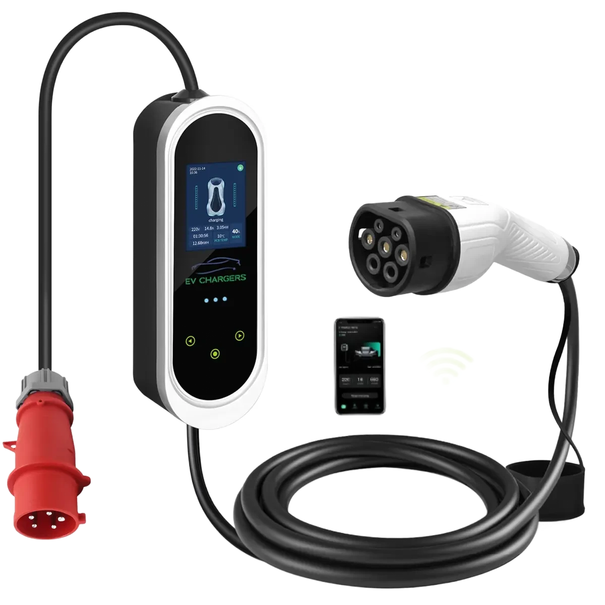 Carregador portátil para EV c/ display + WiFi + BT - trifásico 6-32A 22kW - CEE 32A (c/ adaptador Schuko) - Tipo 2 - IP54 - 5m