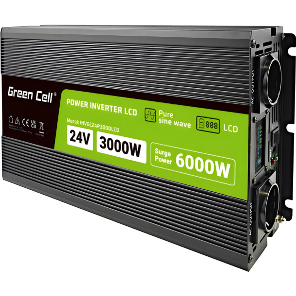 Green Cell INVGC24P3000LCD - Inversor 24VDC ➝ 230V onda sinusoidal pura 3000W c/ USB + Display LCD