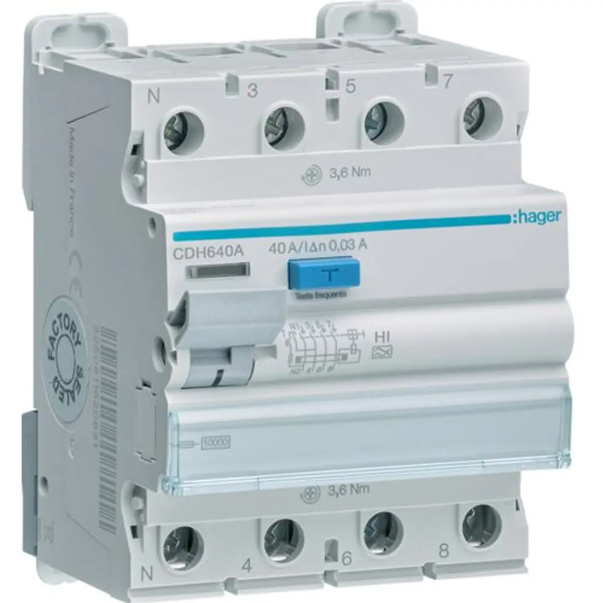 Hager CDH640A - Interruptor diferencial 3P+N - 40A 30mA - tipo HI - 4 módulos