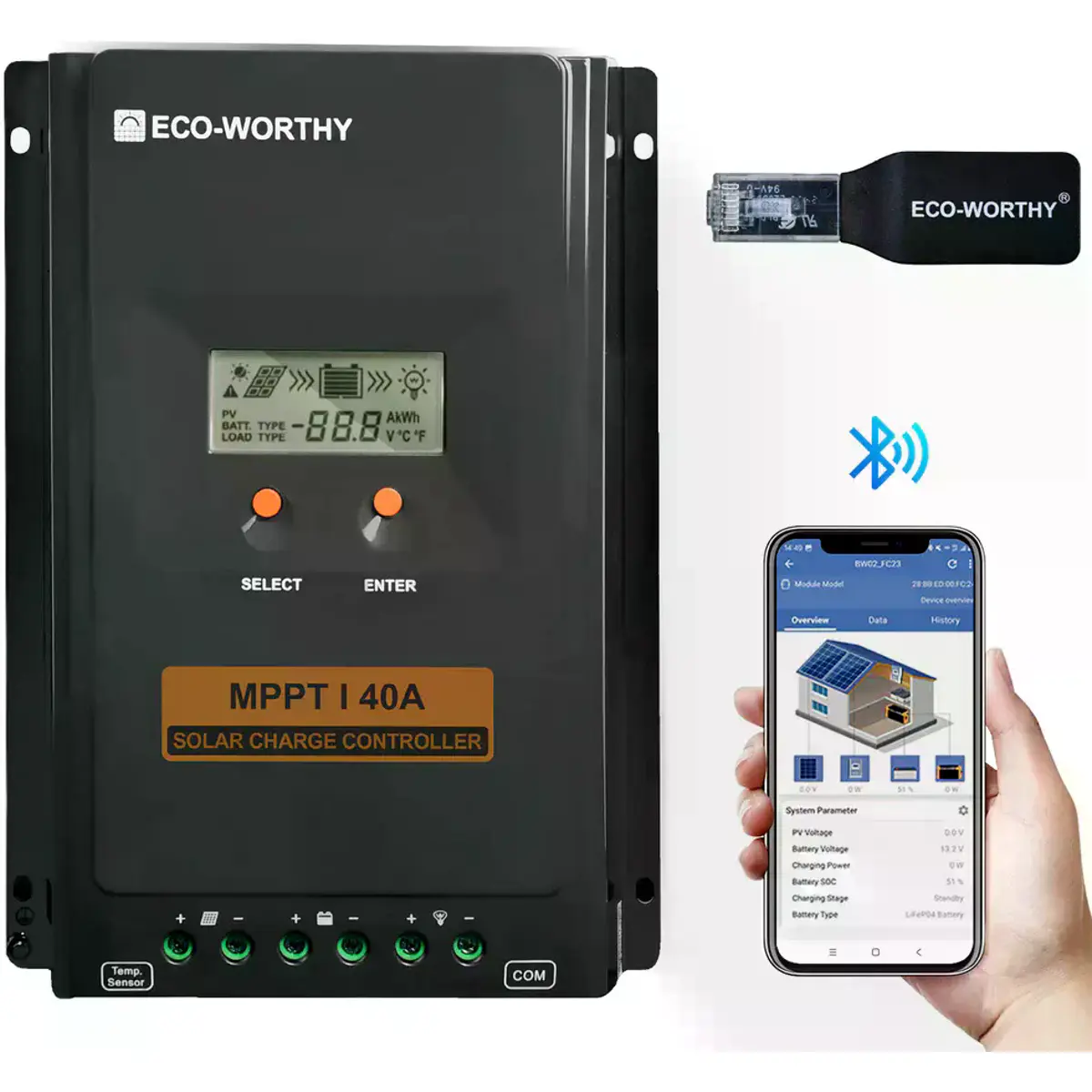 ECO-WORTHY - Controlador de carga solar MPPT c/ display - 12V / 24VDC 40A