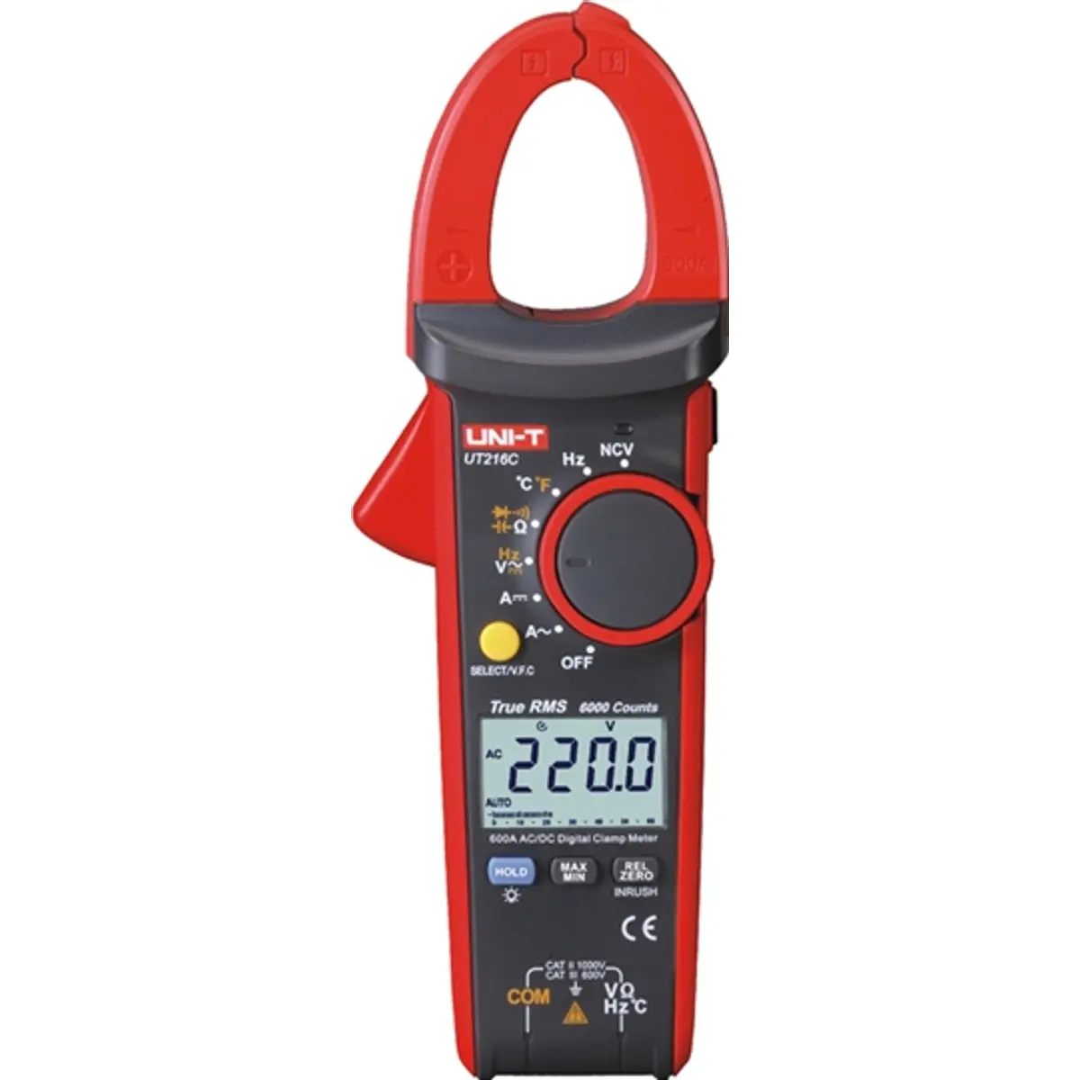 Uni-T UT216C - Pinça amperimétrica (600Aac/dc 750Vac 1000Vdc 60MΩ Cap. Hz °C T-RMS Auto-Range Min/Max NCV)