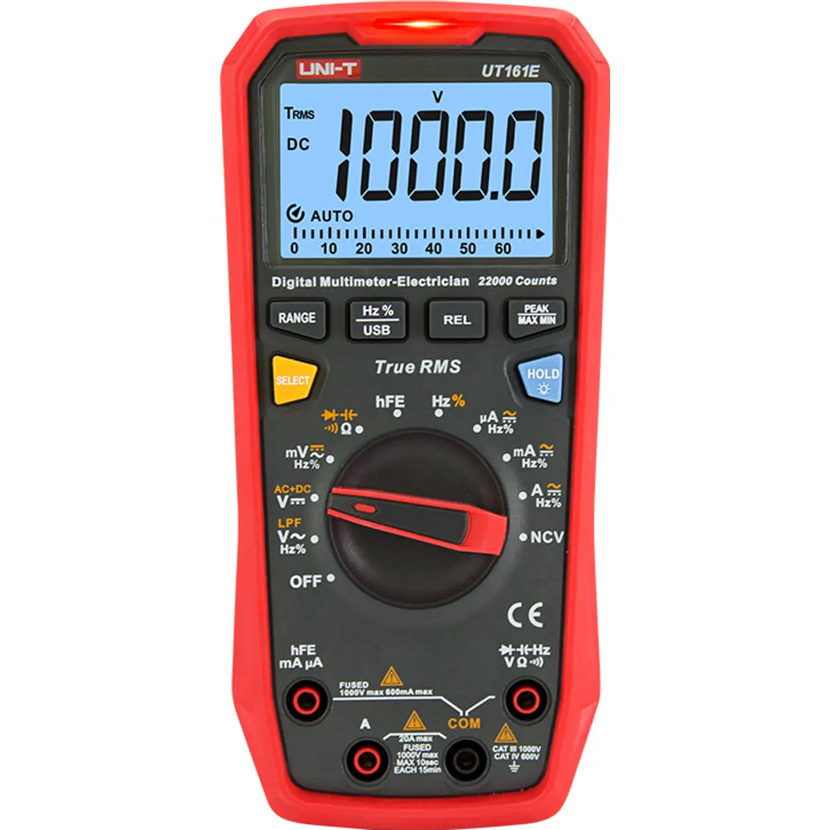 Uni-T UT161E - Multímetro Digital (1000Vac/dc 20Aac/dc 220MΩ Cap. Hz/% hFE T-RMS Auto-Range USB Min/Max NCV)