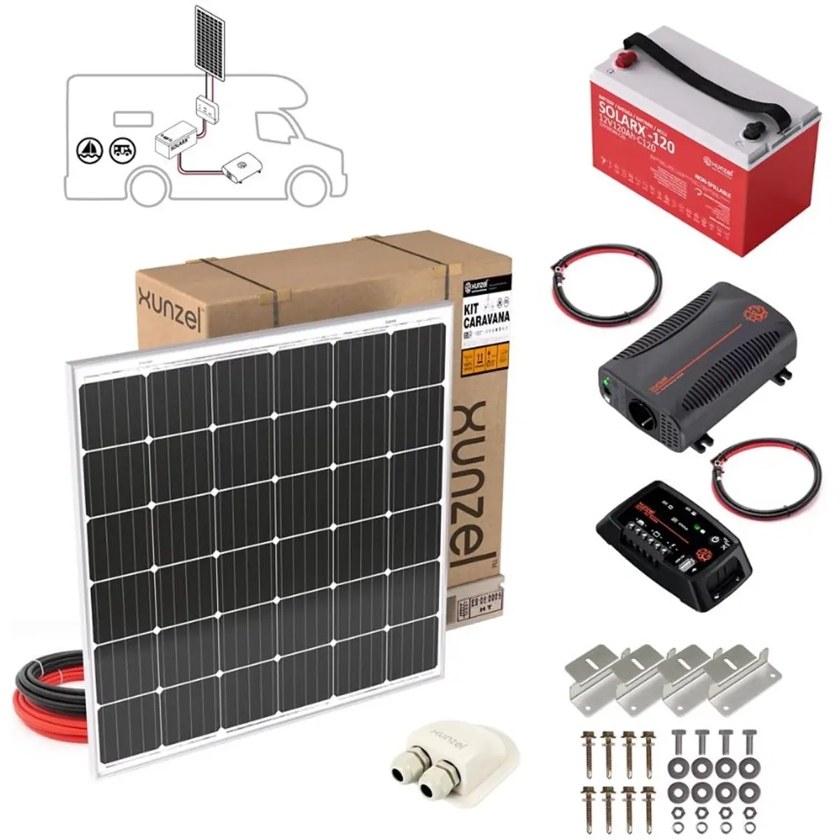 Xunzel SETCARSX120 - Kit painel fotovoltaico 12V 190W + controlador + bateria 120Ah + inversor onda pura 400W + 4m cabo
