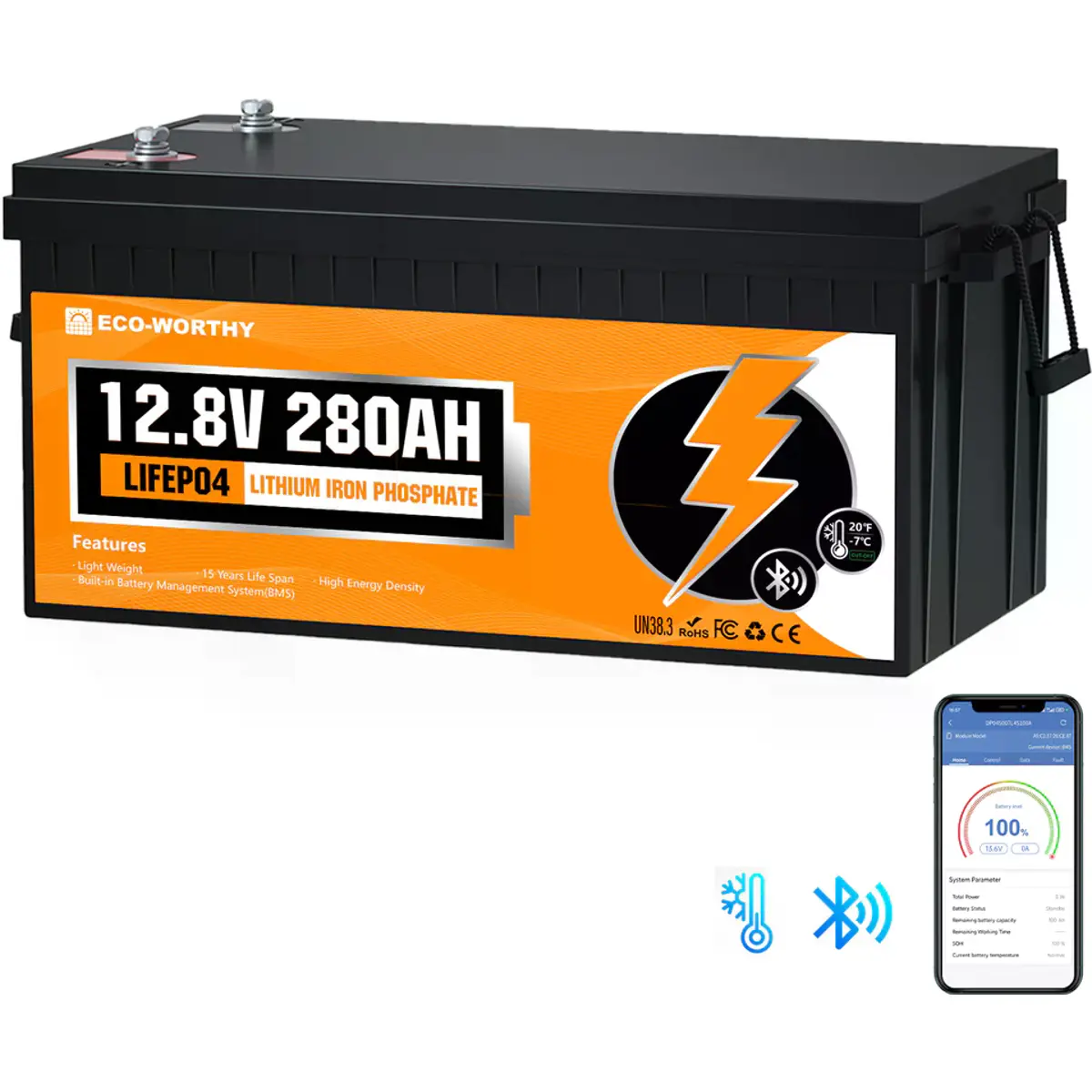ECO-WORTHY - Bateria de Lithium (LiFePO4) BMS c/ Bluetooth - 12.8V 280A (3584Wh)