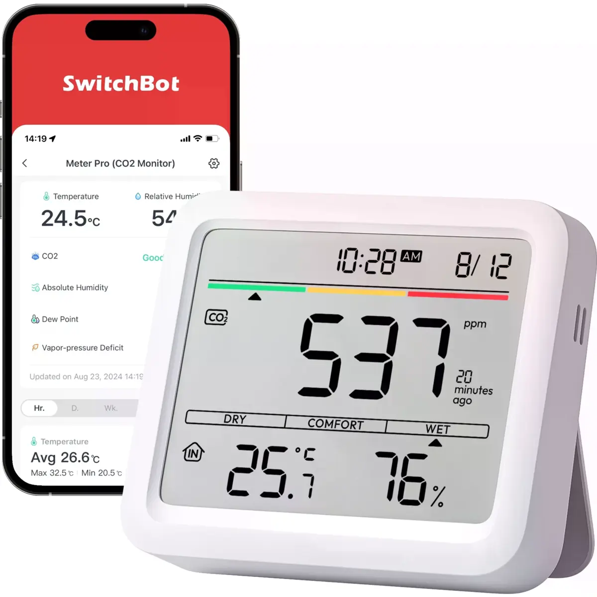 SwitchBot Meter Pro (CO 2 Monitor) - Monitor de CO₂ Inteligente c/ Display e Sensor de Temperatura/Humidade - USB-C e Pilhas