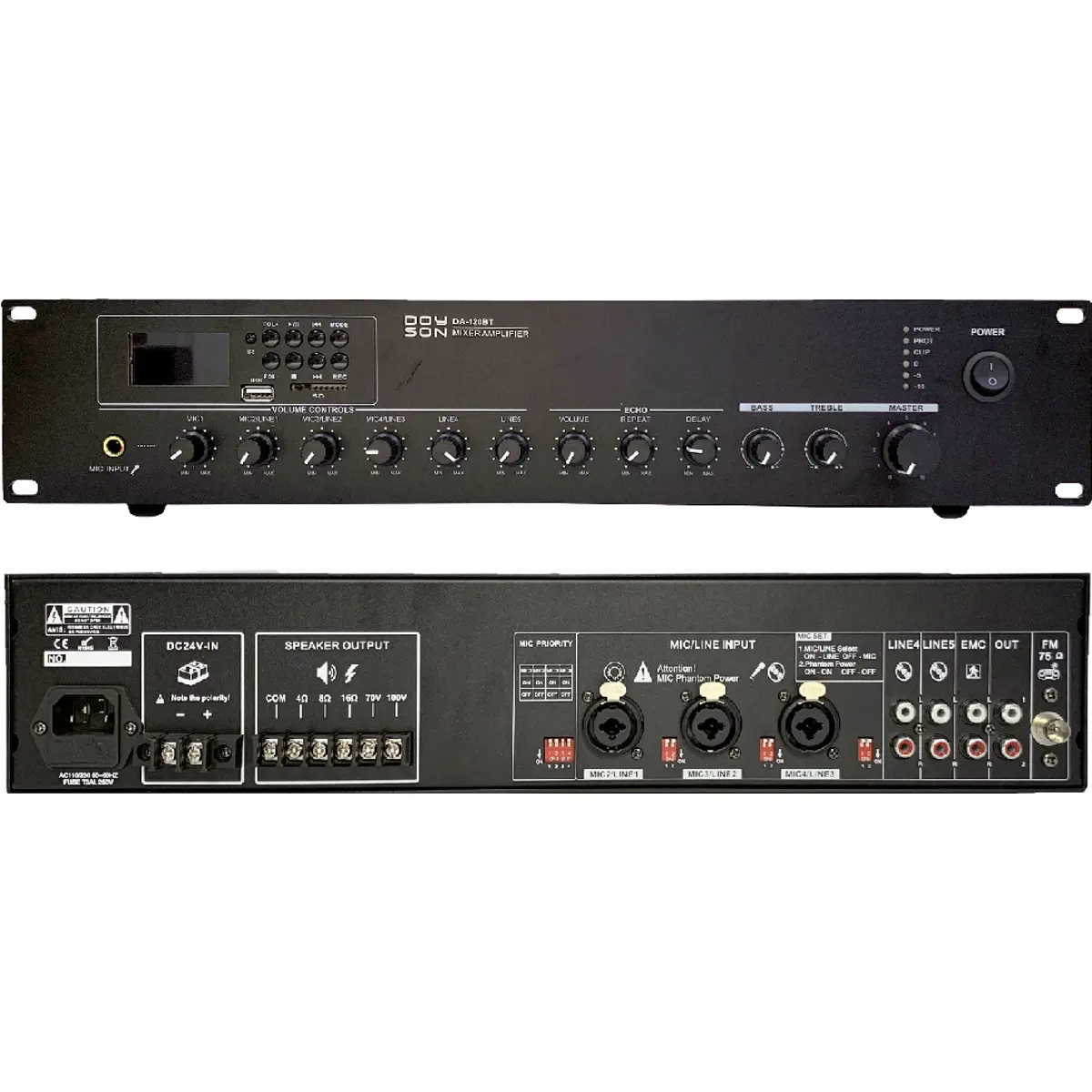 Doyson DA-120BT - Amplificador / Misturador 120W (100V/70V/4Ω/8Ω/16Ω) com Bluetooth, USB, SD, FM