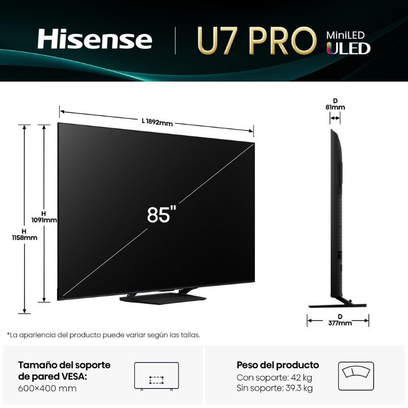 Hisense 85U7Q PRO 85" 4K Ultra HD Smart TV Cinza Carvão