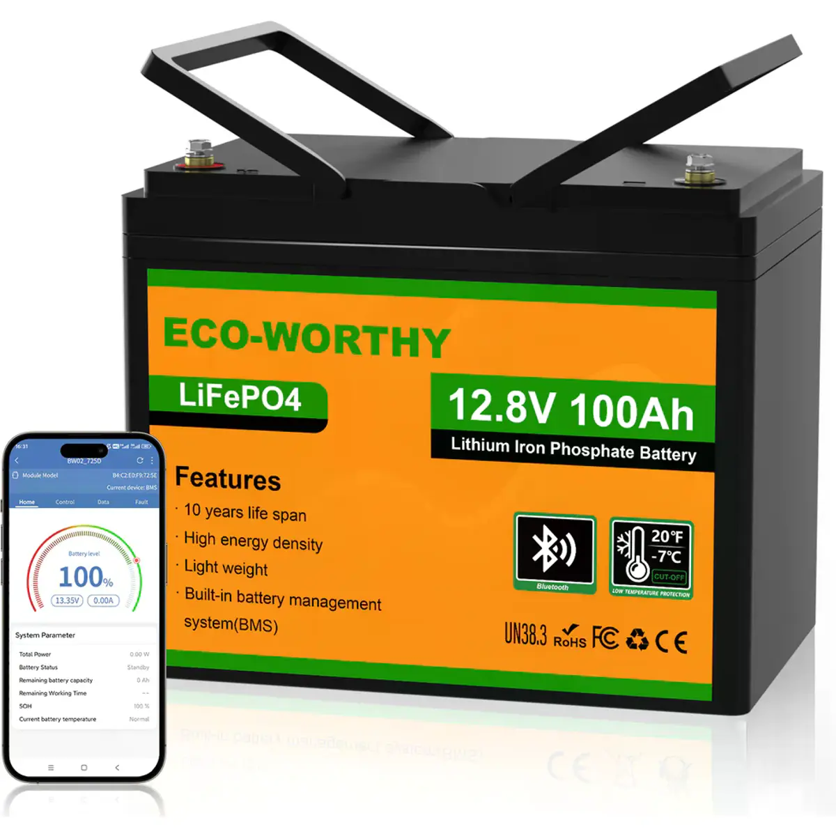 ECO-WORTHY - Bateria de Lithium (LiFePO4) BMS c/ Bluetooth - 12.8V 100A (1280Wh)