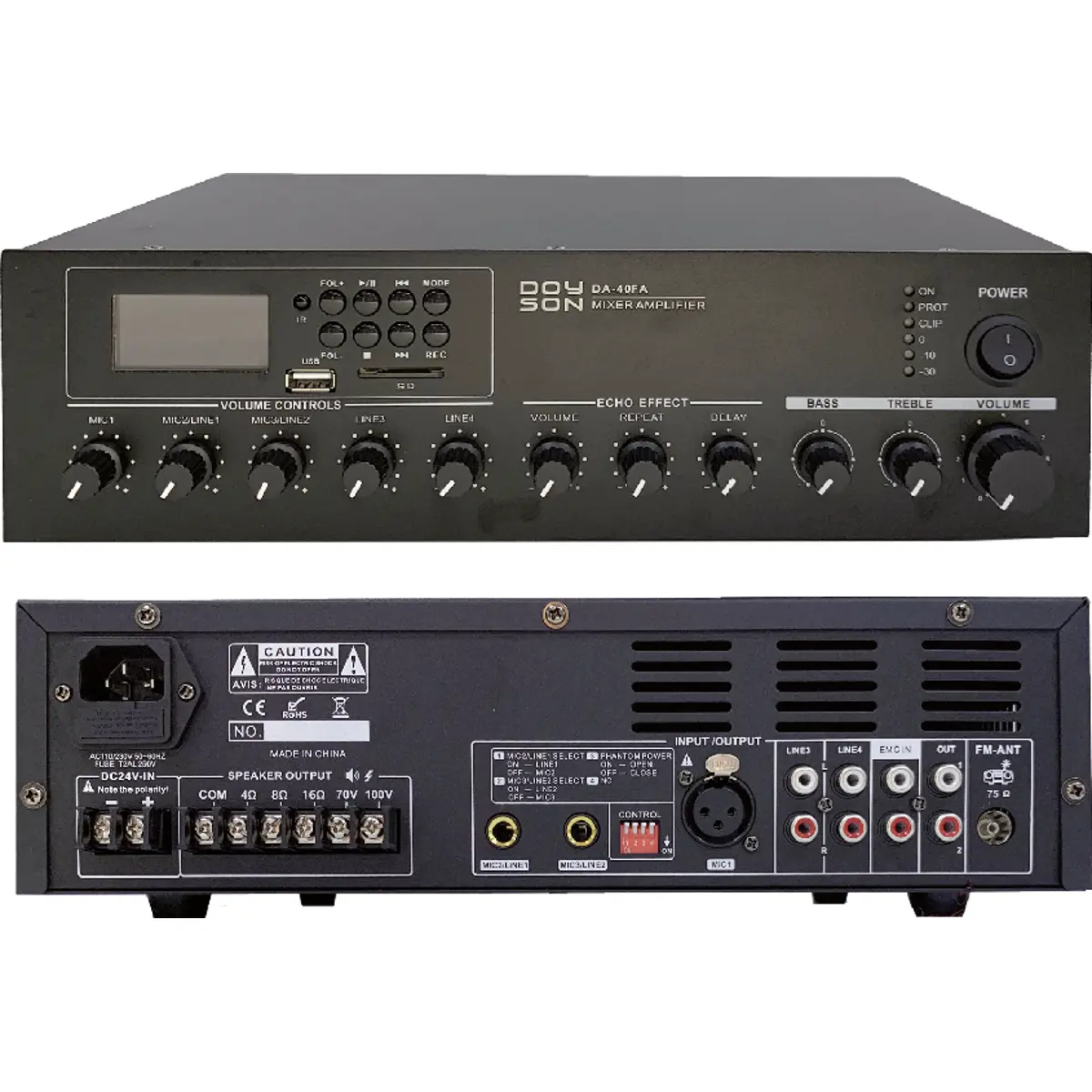 Doyson DA-40FA - Amplificador / Misturador 40W (100V/70V/4Ω/8Ω/16Ω) com Bluetooth, USB, SD, FM